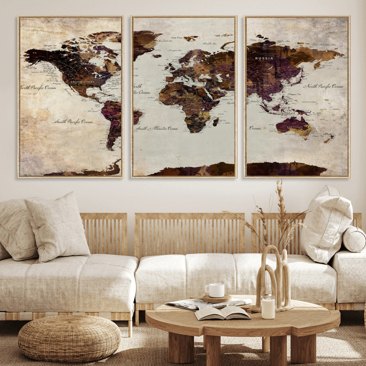 50611123-MGV-CV-36X24 - World Map Canvas Triptych | Colorful Global Wall Art for Living Rooms