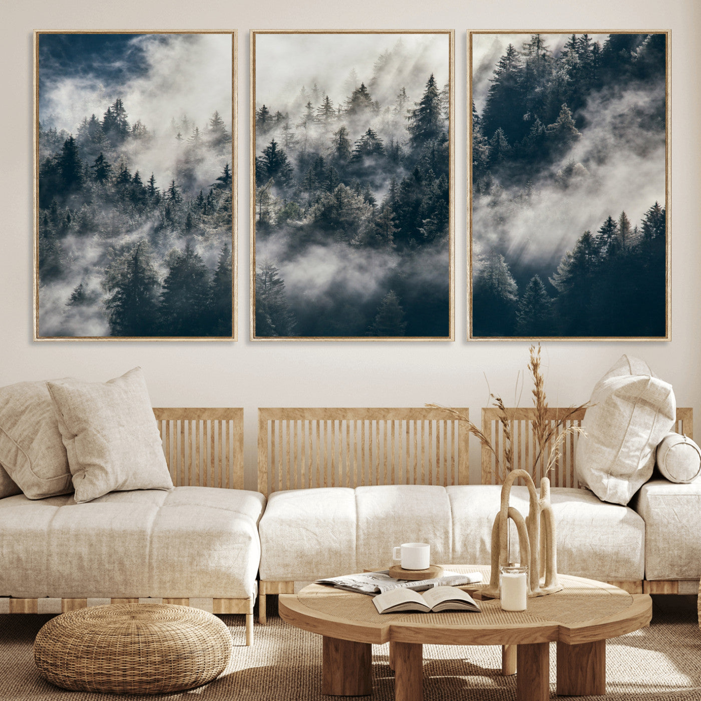 63405824-MGV-CV-36X24 - Foggy Mountain Forest Canvas Print, Misty Pine Trees Nature Wall Art, Framed Canvas Ready to Hang