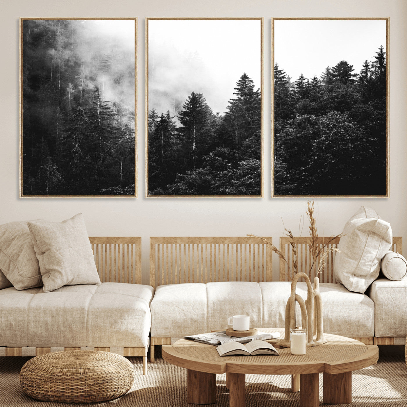 98764151-MGV-CV-36X24 - Black and White Forest Wall Art Canvas Print, Misty Pine Tree Landscape Photography, Framed Wall Art Ready to Hang