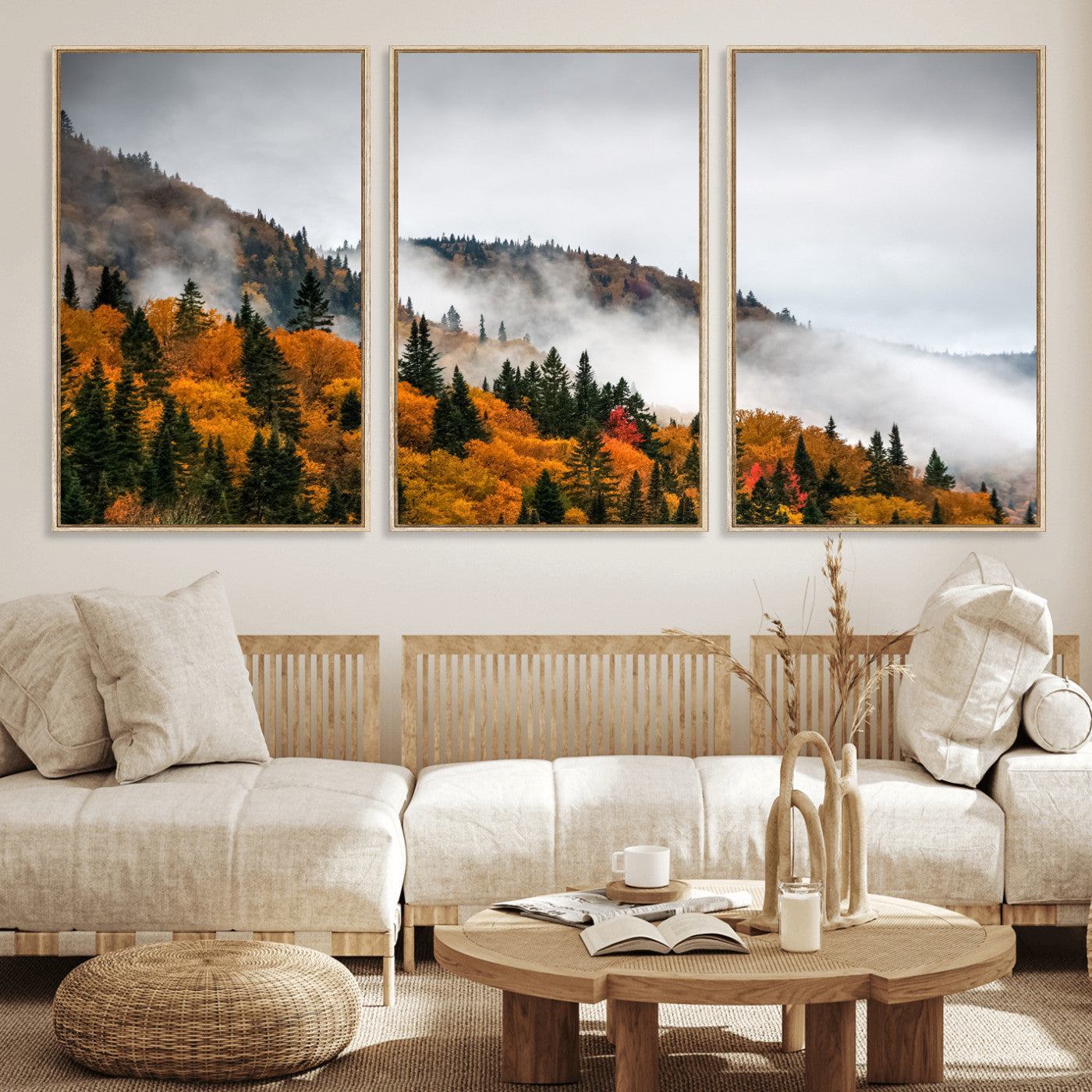 93581632-MGV-CV-36X24 - Autumn Forest Wall Art Canvas Print, Foggy Mountain Landscape Nature Photography, Framed Wall Art Ready to Hang