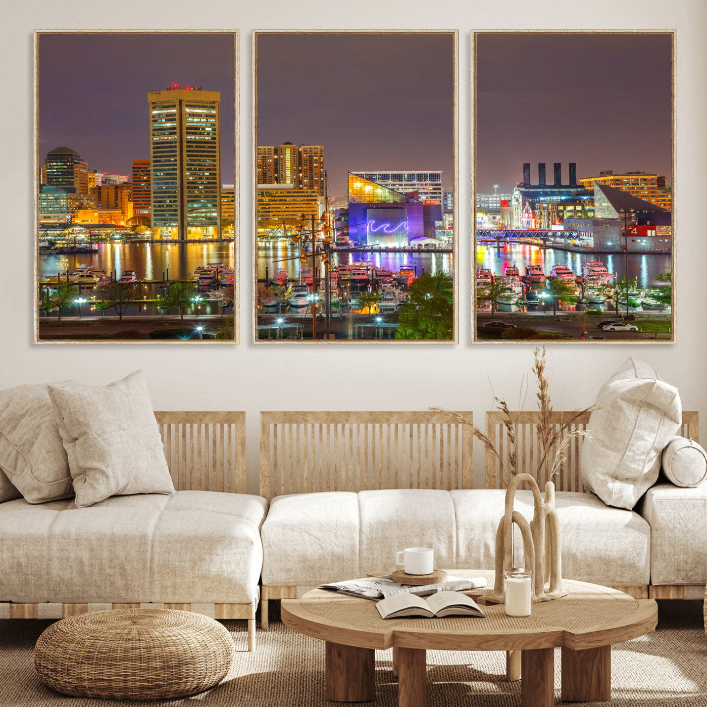 42654823-MGV-CV-36X24 - Baltimore Skyline Wall Art Canvas Print, Baltimore Downtown Night Cityscape Print for Modern Urban Wall Decor
