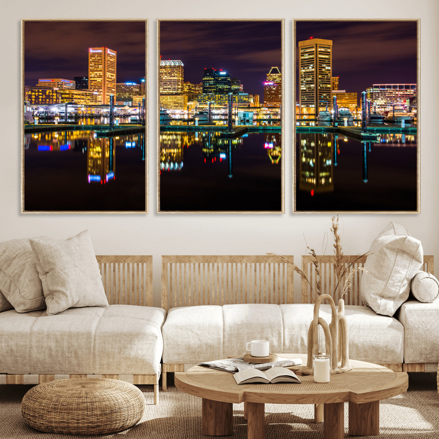 38201692-MGV-CV-36X24 - Baltimore Skyline Wall Art Canvas Print, Baltimore Downtown Night Cityscape Print for Modern Urban Wall Decor