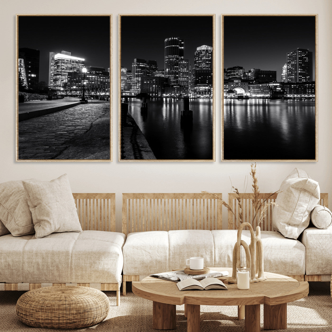 53082656-MGV-CV-36X24 - Boston Wall Art Canvas Print, Boston City Downtown Night Cityscape Print for Modern Urban Wall Decor