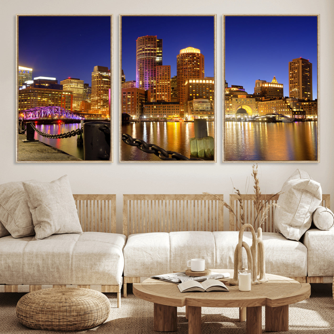 56611117-MGV-CV-36X24 - Boston Wall Art Canvas Print, Boston City Downtown Night Cityscape Print for Modern Urban Wall Decor