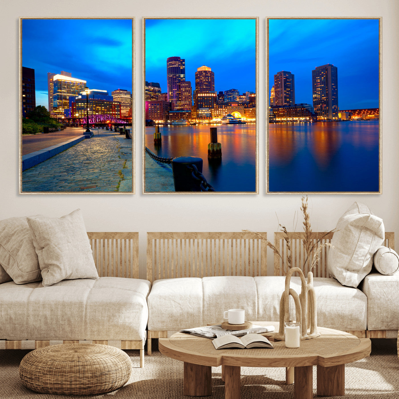 69619565-MGV-CV-36X24 - Boston Wall Art Canvas Print, Boston City Downtown Night Cityscape Print for Modern Urban Wall Decor