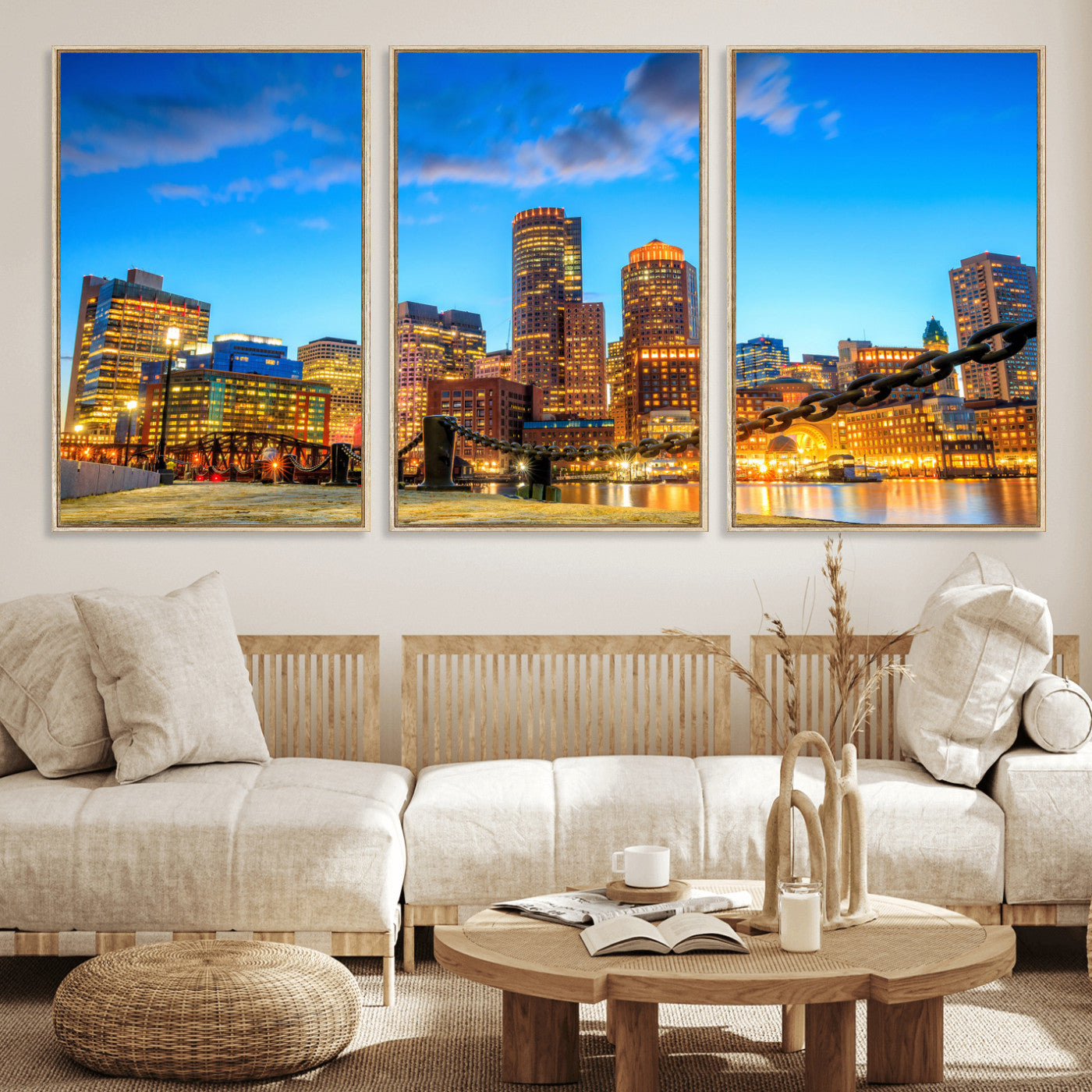 46736409-MGV-CV-36X24 - Boston Wall Art Canvas Print, Boston City Downtown Night Cityscape Print for Modern Urban Wall Decor