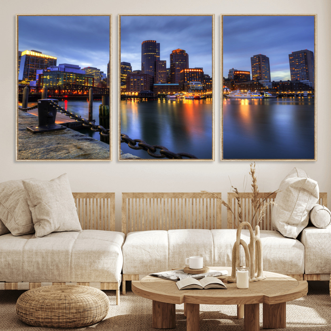 82439622-MGV-CV-36X24 - Boston Wall Art Canvas Print, Boston City Downtown Night Cityscape Print for Modern Urban Wall Decor