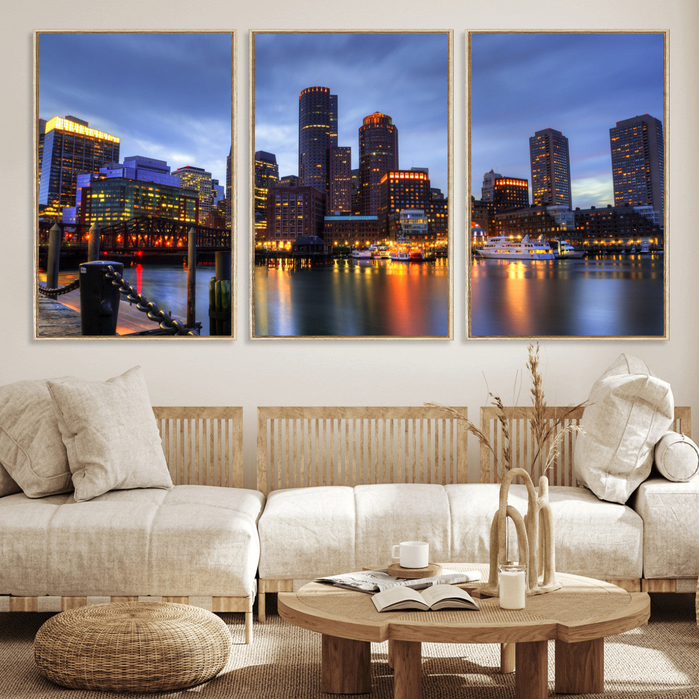 74951698-MGV-CV-60X30-3P - Boston Wall Art Canvas Print, Boston City Downtown Night Cityscape Print for Modern Urban Wall Decor
