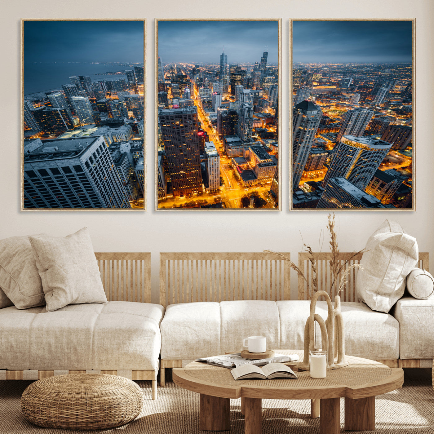 81742538-MGV-CV-36X24 - Chicago Wall Art Canvas Print, Chicago City Downtown Night Cityscape Print for Modern Urban Wall Decor