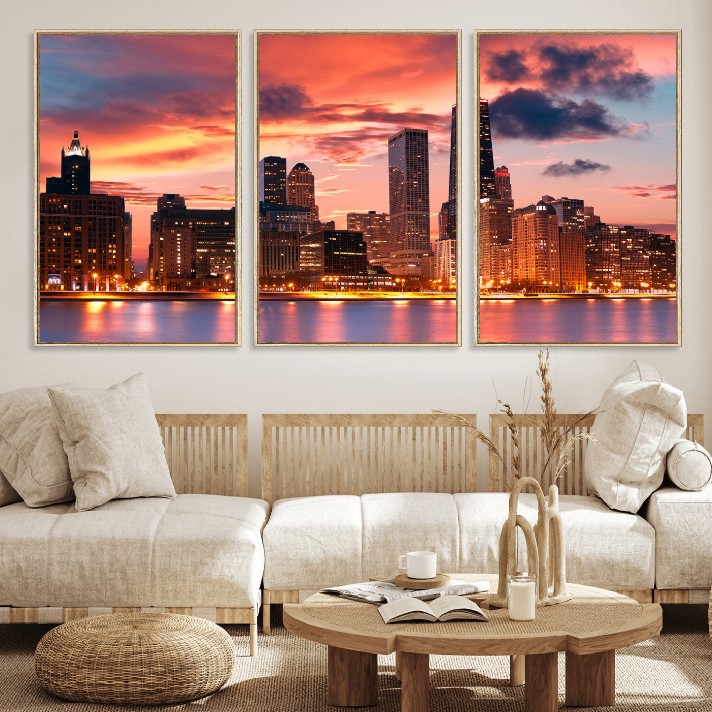 80390109-MGV-CV-36X24 - Chicago Wall Art Canvas Print, Chicago City Downtown Night Cityscape Print for Modern Urban Wall Decor