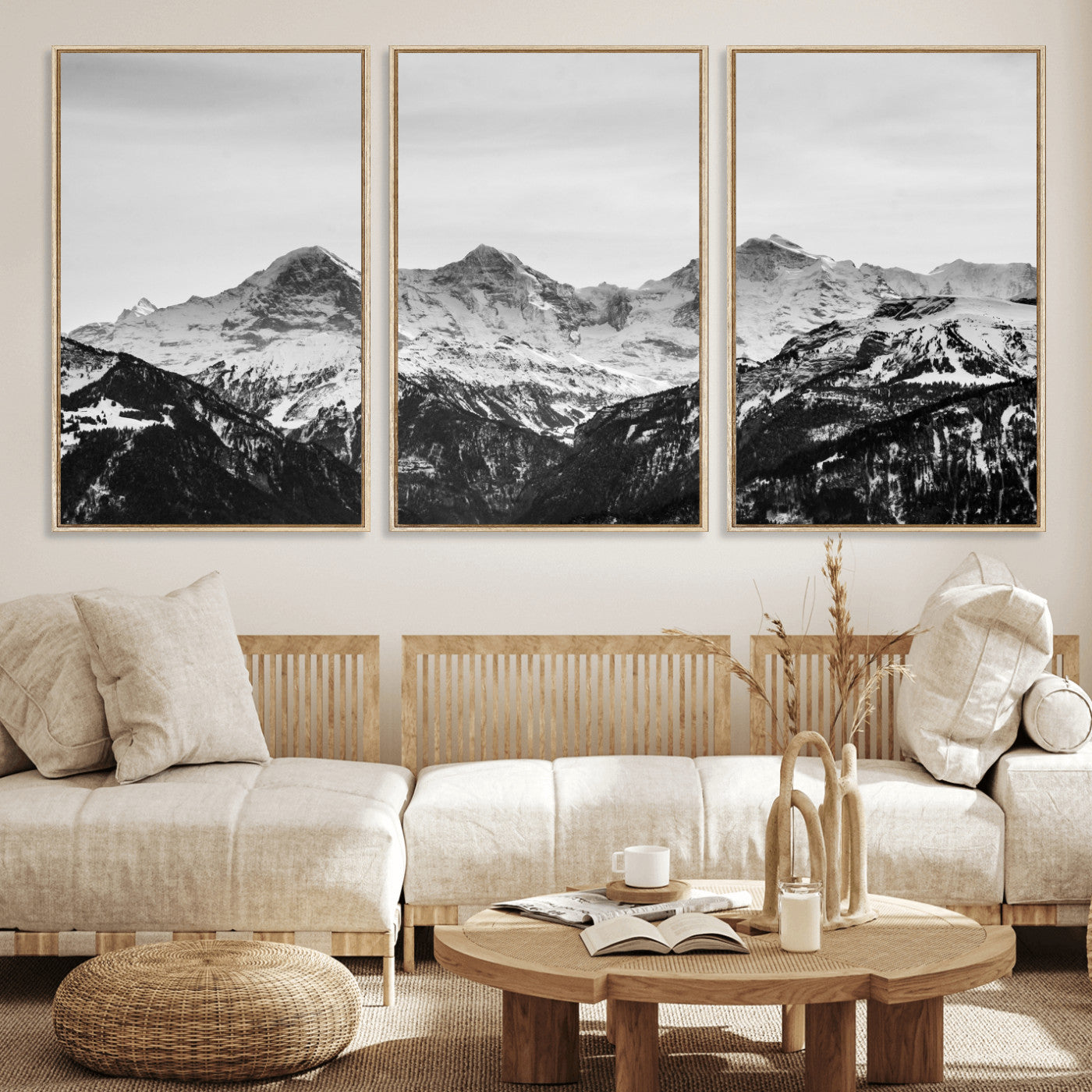 85684934-MGV-CV-36X24 - Black and White Mountain Wall Art Canvas Print, Snowy Alpine Peaks Landscape Photography, Minimal Monochrome Mountain Art, Scenic Nature Wall Decor