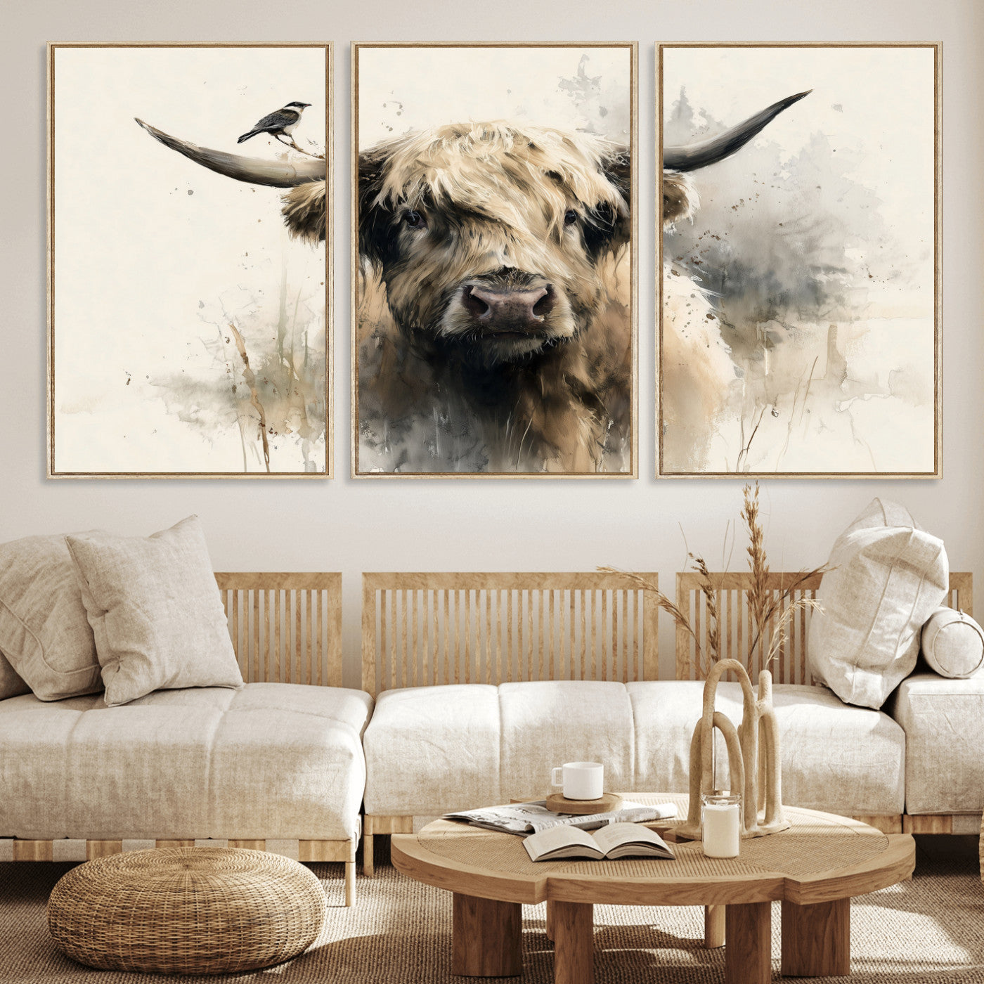 98249290-MGV-CV-36X24 - Abstract Highland Cow Watercolor Animal Wall Art Canvas Print, Rustic Farm Cattle Portrait Canvas Print, Neutral Wildlife Farmhouse Art Printing