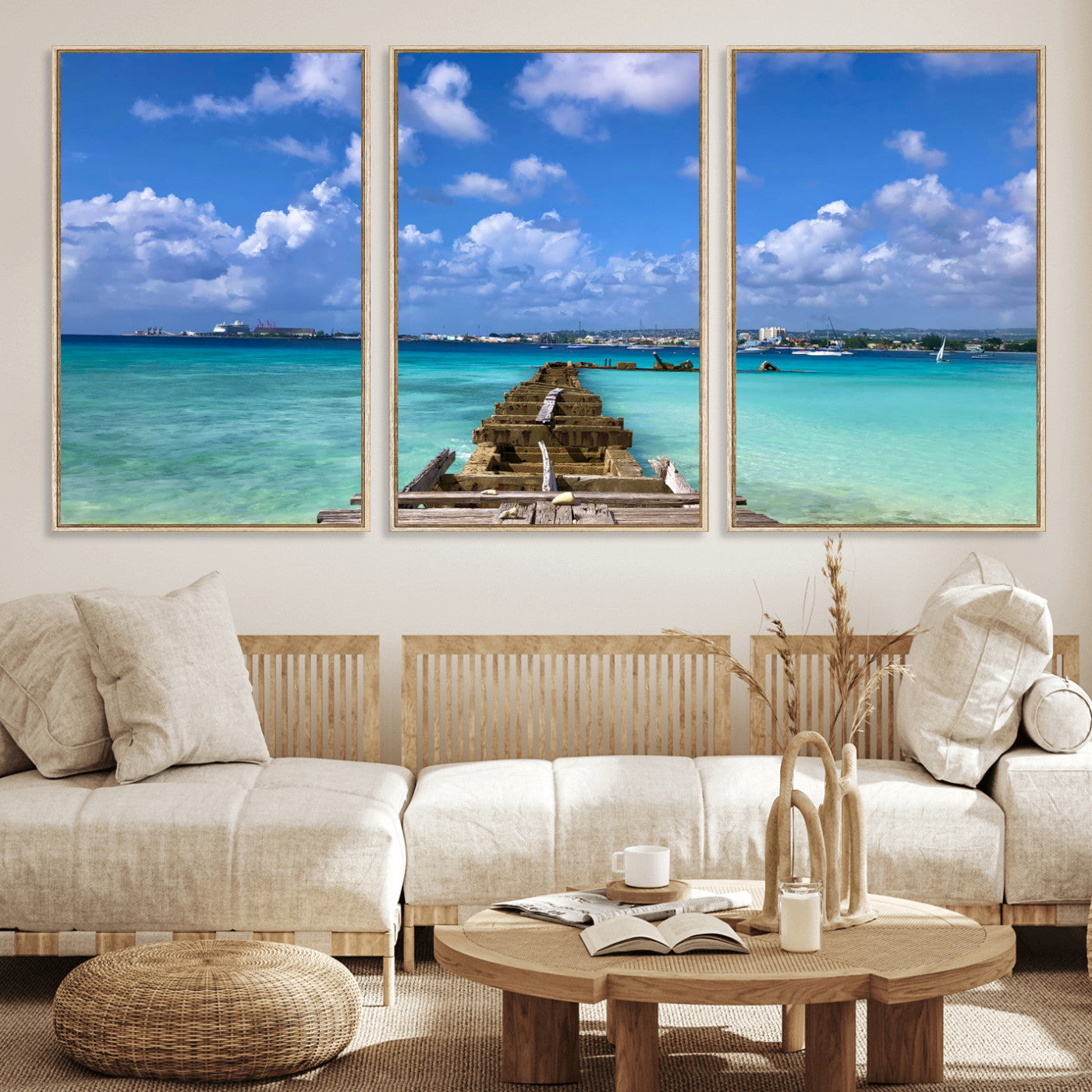 43165024-MGV-CV-36X24 - Caribbean Ocean Pier Seascape Wall Art Canvas Print, Turquoise Sea Tropical Harbor Canvas Print, Island Coastal Blue Water Scenic Art Printing