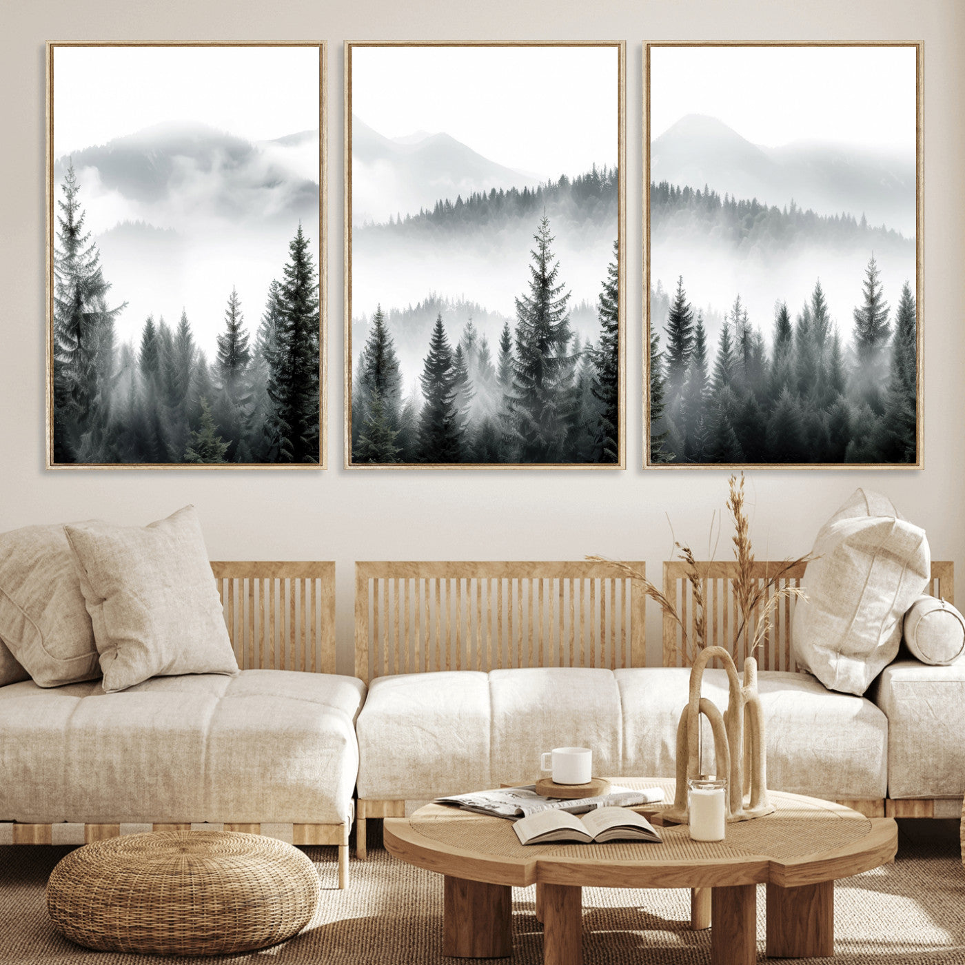 38819032-MGV-CV-36X24 - Misty Pine Forest Mountain Landscape Wall Art Canvas Print, Foggy Evergreen Trees Minimal Nature Canvas Print, Monochrome Wilderness Scenic Art Printing