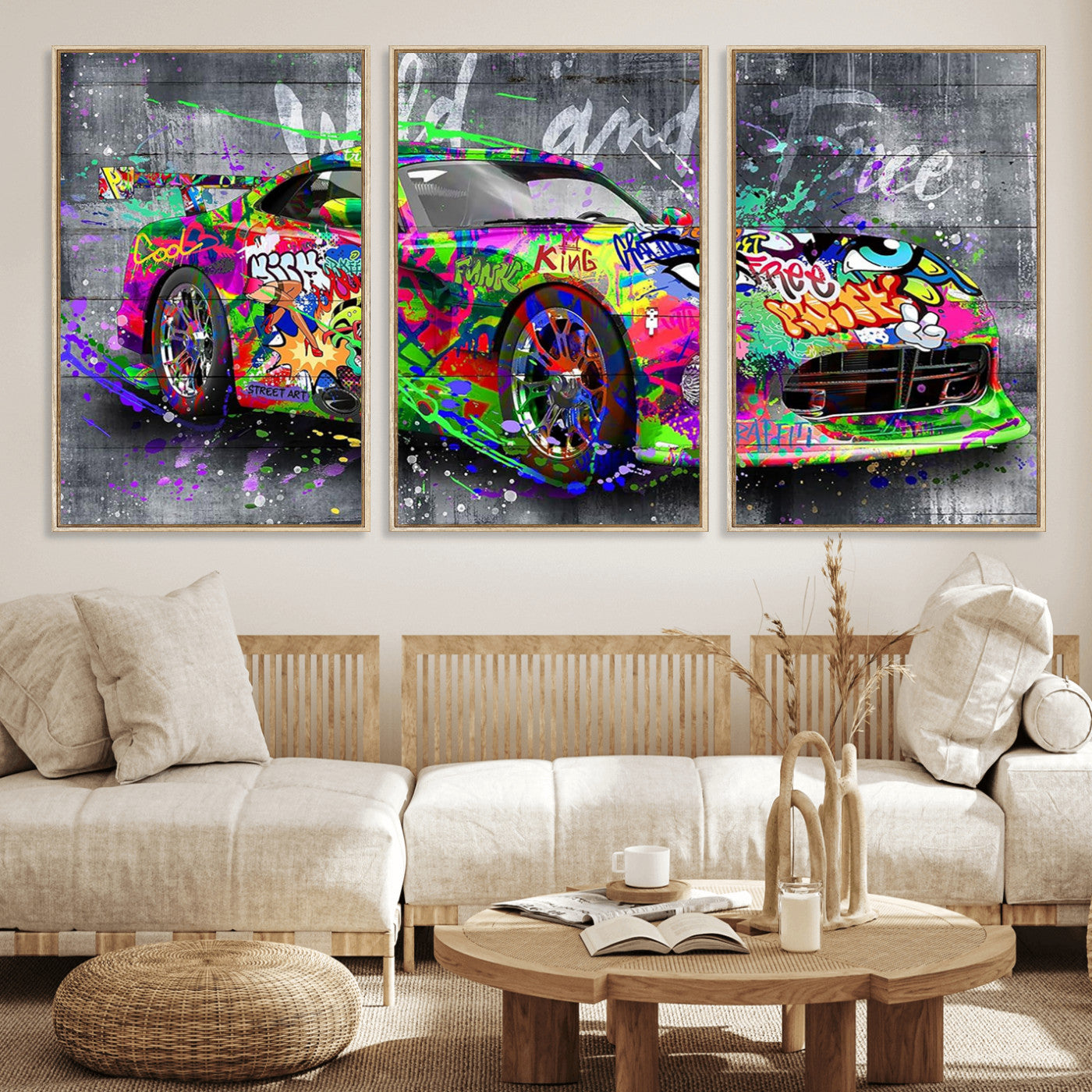 95314968-MGV-CV-36X24 - Graffiti Sports Car Street Art Wall Art Canvas Print, Colorful Urban Supercar Pop Art Canvas Print, Modern Graffiti Car Contemporary Art Printing