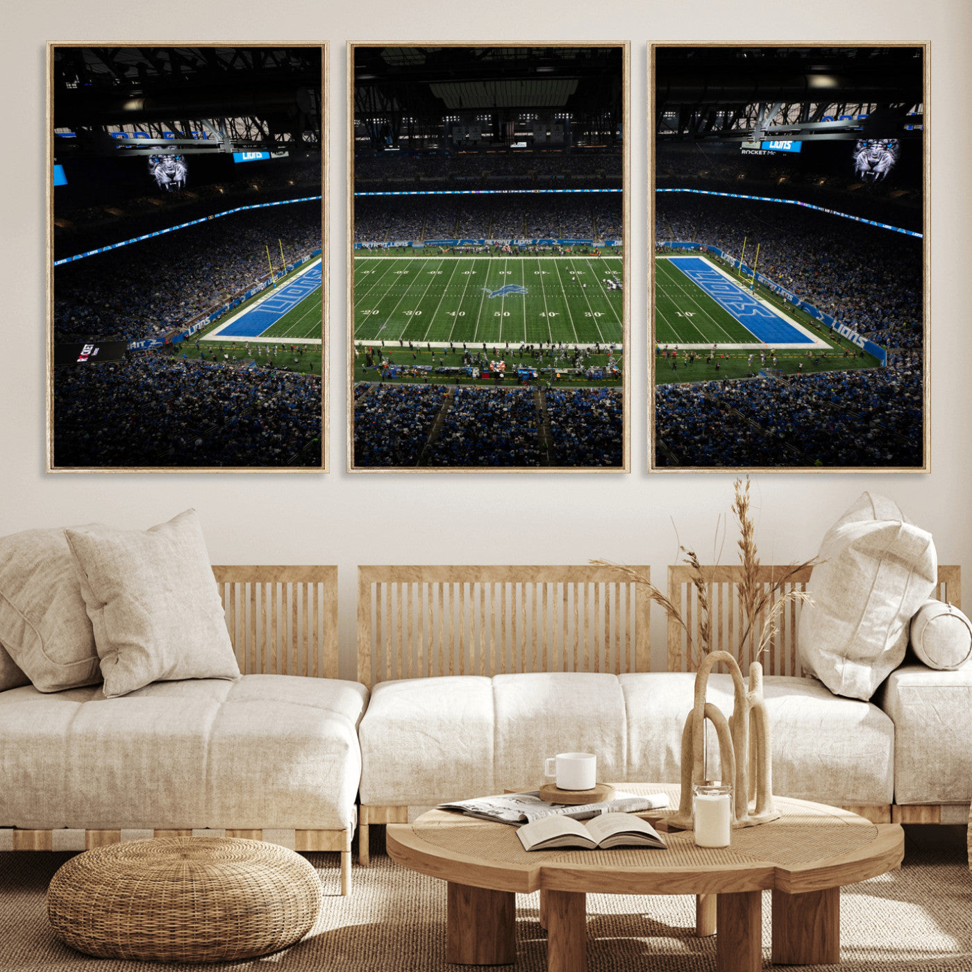 16709602-MGV-CV-36X24 - Detroit Lions Stadium Wall Art Canvas Print, Football Field Panorama Artwork, NFL Game Night Stadium Decor