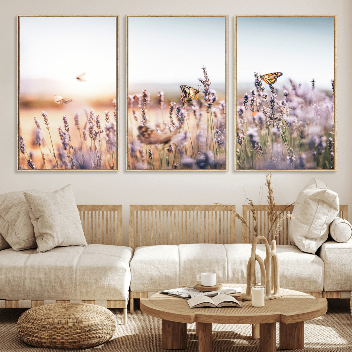 46417478-MGV-CV-36X24 - Lavender Field Wall Art Canvas Print, Butterfly Floral Landscape Art, Soft Nature Wall Decor for Bedroom