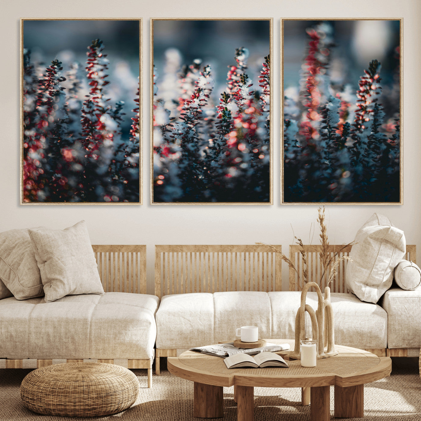 82063935-MGV-CV-36X24 - Winter Heather Wall Art Canvas Print, Frosted Floral Nature Art, Moody Botanical Wall Decor