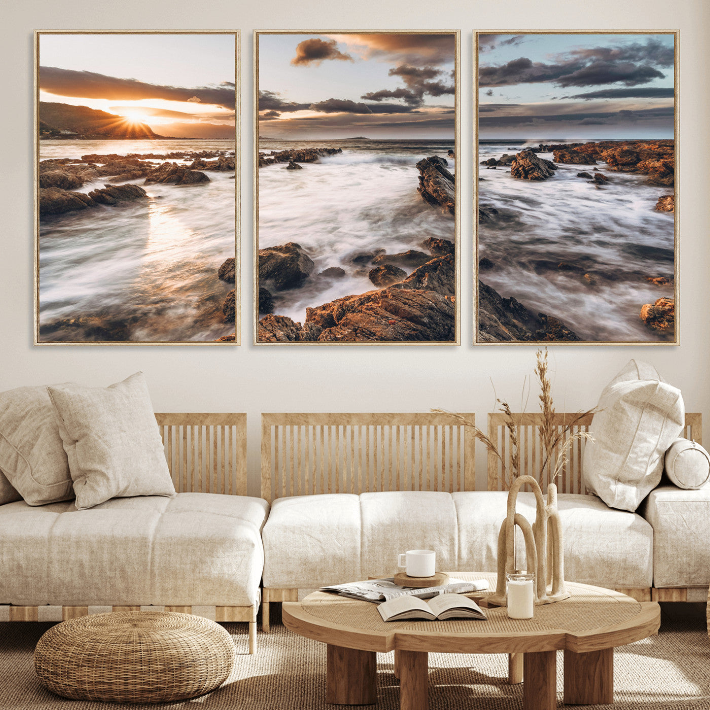 66746024-MGV-CV-36X24 - Rocky Coast Ocean Sunset Wall Art Canvas Print, Dramatic Seascape Nature Wall Decor for Living Room and Office