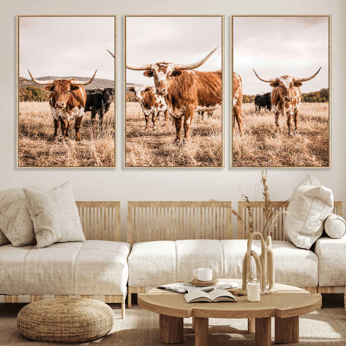 27539727-MGV-CV-36X24 - Texas Longhorn Cattle Wall Art Canvas Print, Sepia Western Decor
