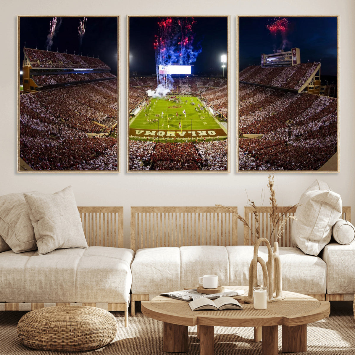 43197777-MGV-CV-36X24 - Oklahoma Memorial Stadium Wall Art Canvas Print – Oklahoma Sooners Football Artwork for Home, Office, and Sports Room Decor