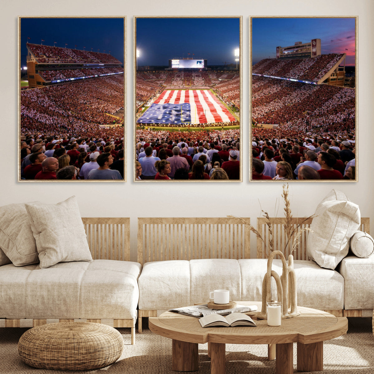 59917418-MGV-CV-36X24 - Oklahoma Memorial Stadium Wall Art Canvas Print – Oklahoma Sooners Football Artwork for Home, Office, and Sports Room Decor