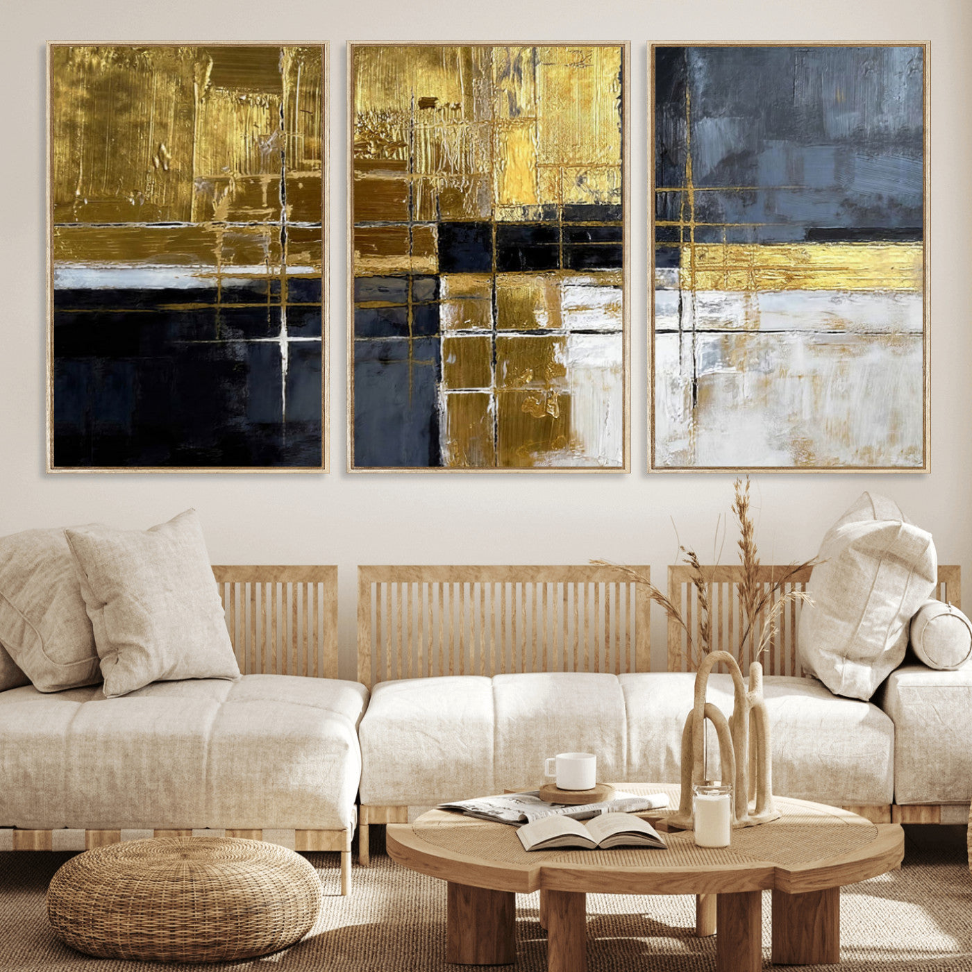 76917030-MGV-CV-36X24 - Gold Navy Abstract Wall Art Canvas Print, Modern Luxury Geometric Painting Wall Decor for Living Room and Office