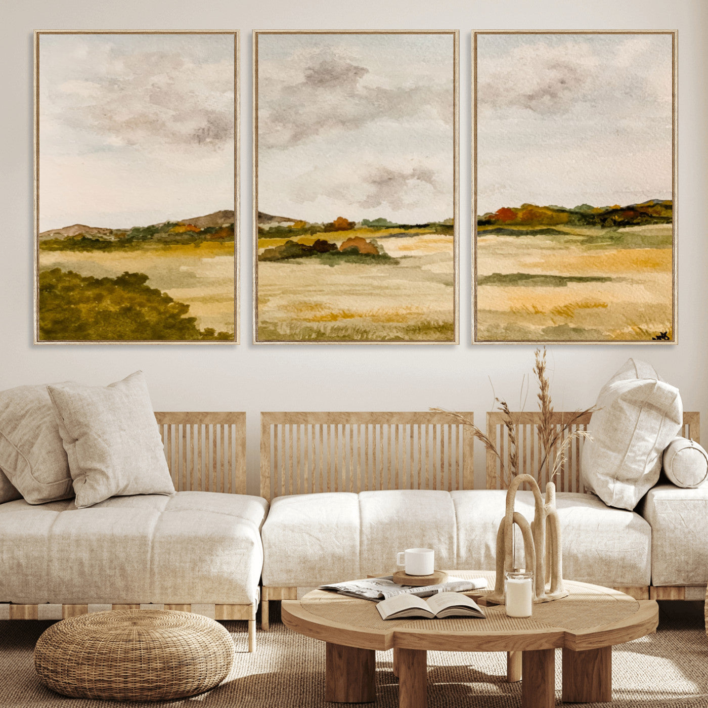 94151004-MGV-CV-36X24 - Watercolor Abstract Countryside Wall Art Canvas Print, Neutral Pastoral Landscape Painting Wall Decor for Modern Farmhouse Interiors