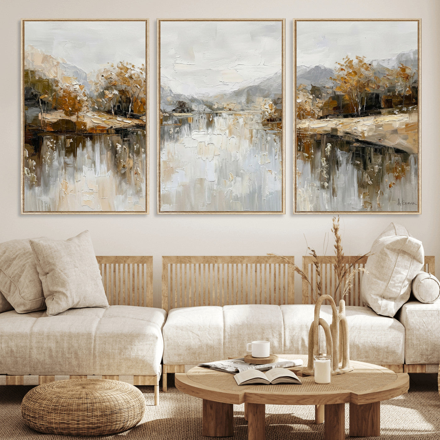 78227690-MGV-CV-36X24 - Neutral Abstract Lake Landscape Wall Art Canvas Print, Modern Minimal River Reflection Canvas Print, Beige Gray Contemporary Nature Art Printing