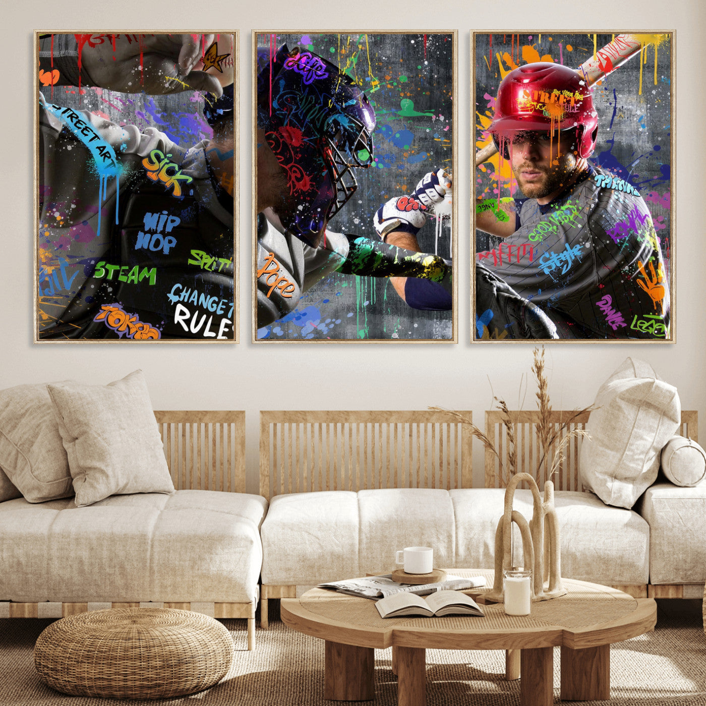 19634994-MGV-CV-36X24 - Graffiti Baseball Player Street Art Wall Art Canvas Print, Urban Sports Pop Art Baseball Canvas Print, Modern Athletic Graffiti Contemporary Art Printing