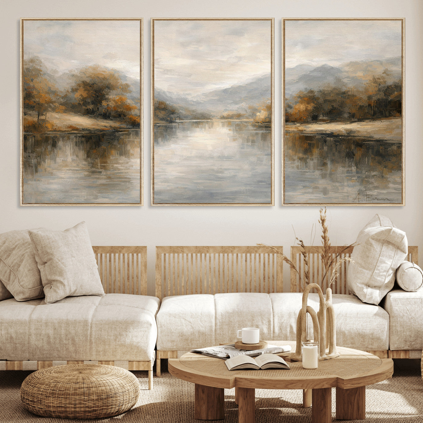 29251761-MGV-CV-36X24 - Neutral Abstract River Landscape Wall Art Canvas Print, Modern Minimal Nature Reflection Canvas Print, Beige Gray Contemporary Mountain Art Printing