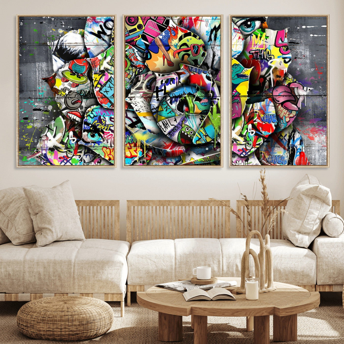 77553344-MGV-CV-36X24 - Abstract Graffiti Collage Street Art Wall Art Canvas Print, Colorful Urban Pop Art Canvas Print, Modern Graffiti Patchwork Contemporary Art Printing