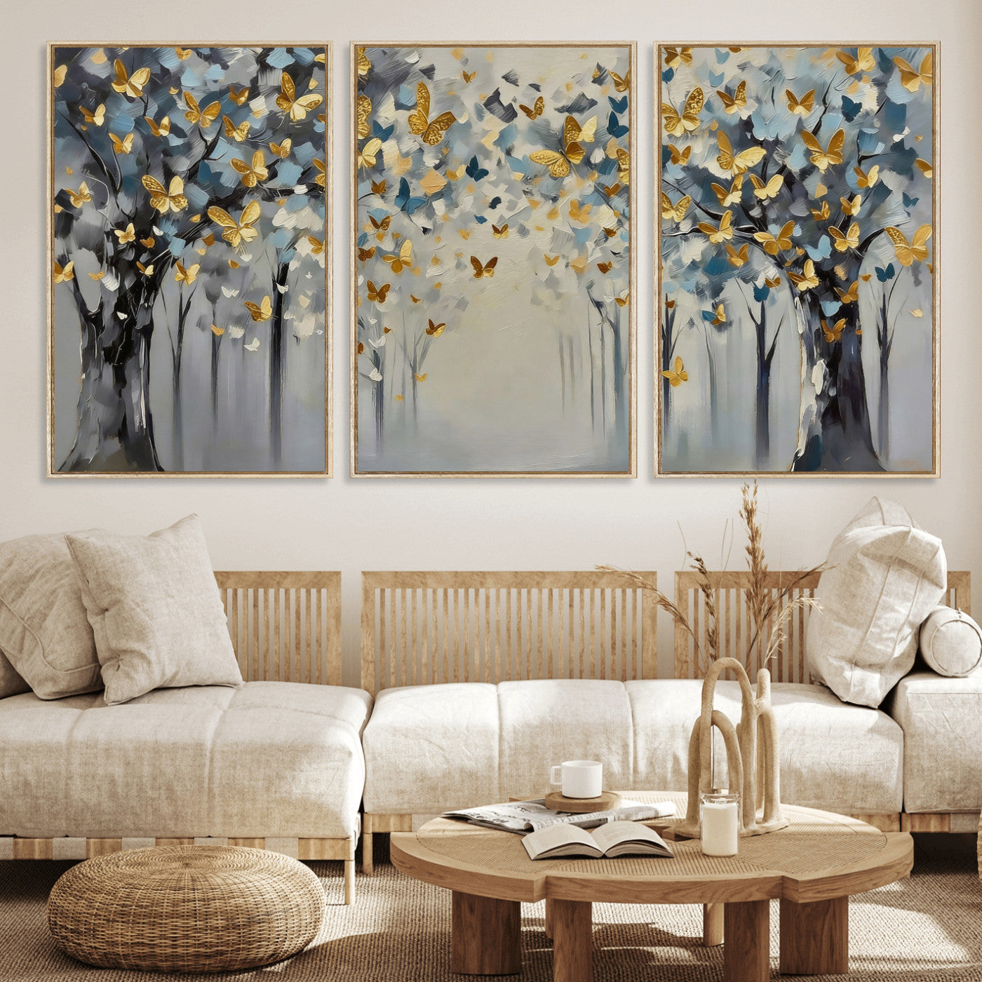79208191-MGV-CV-36X24 - Golden Butterfly Tree Abstract Wall Art Canvas Print, Modern Elegant Nature Painting Canvas Print, Blue Gold Contemporary Floral Art Printing