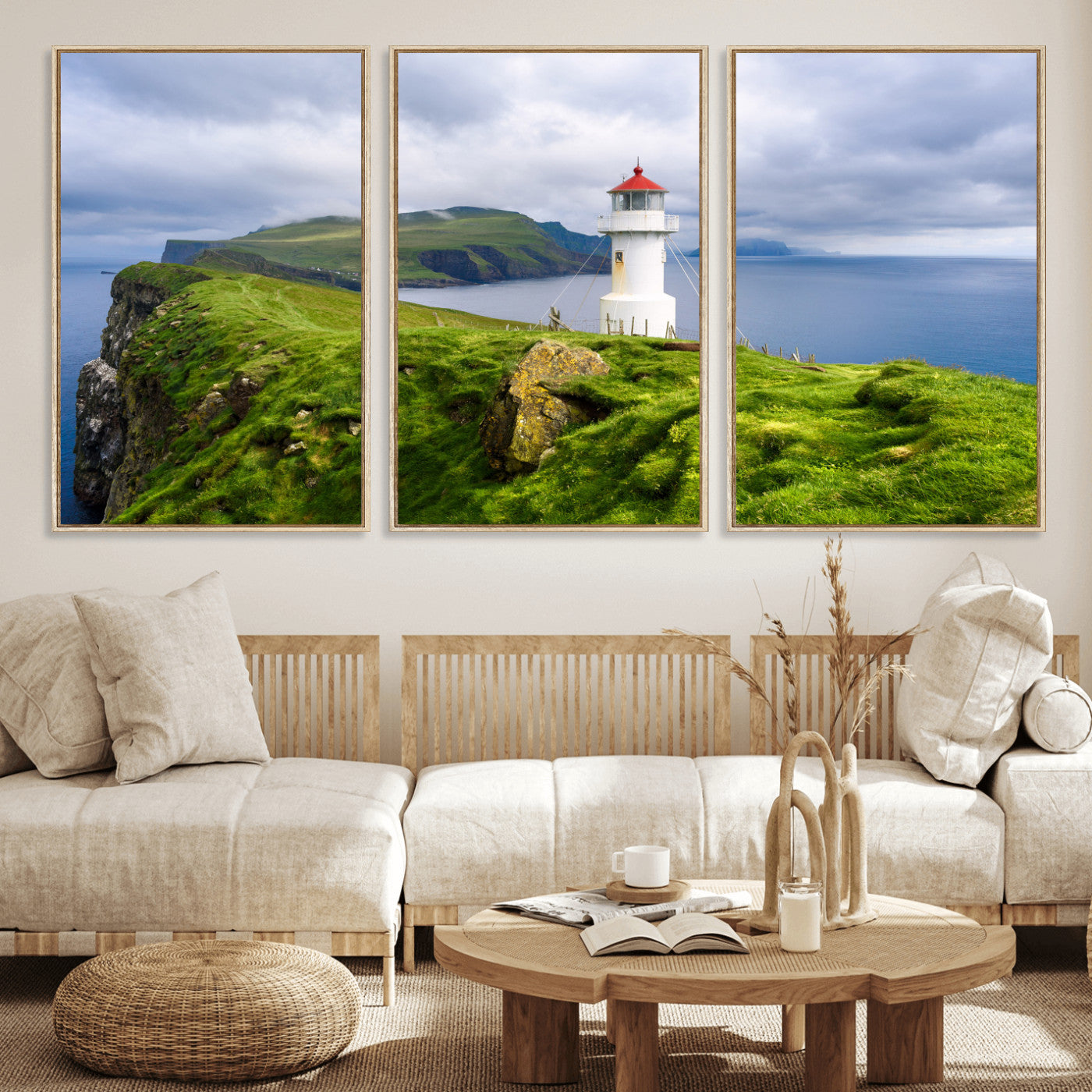 10680390-MGV-CV-36X24 - Coastal Lighthouse Wall Art Canvas Print, Cliffside Ocean Landscape Canvas Print, Scandinavian Coastal Decor for Living Room