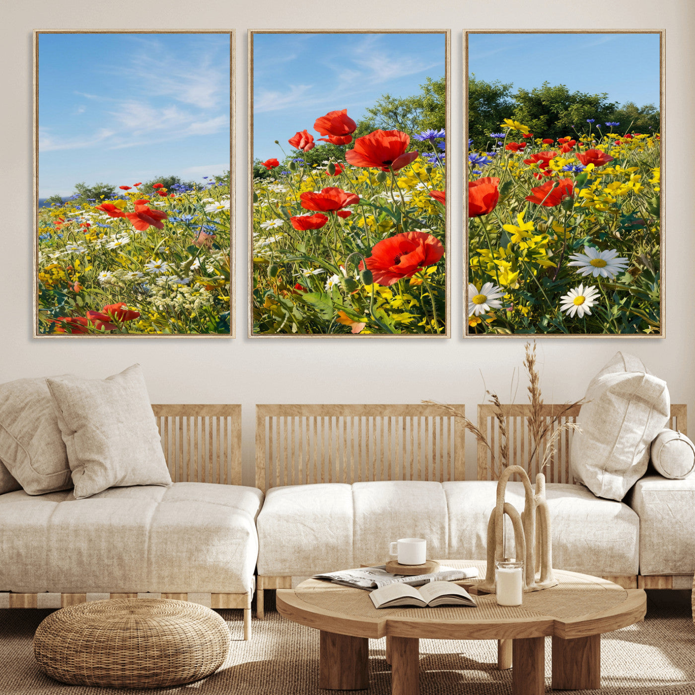38570784-MGV-CV-36X24 - Wildflower Meadow Wall Art Canvas Print – Colorful Poppy and Daisy Field Landscape Artwork for Living Room Decor