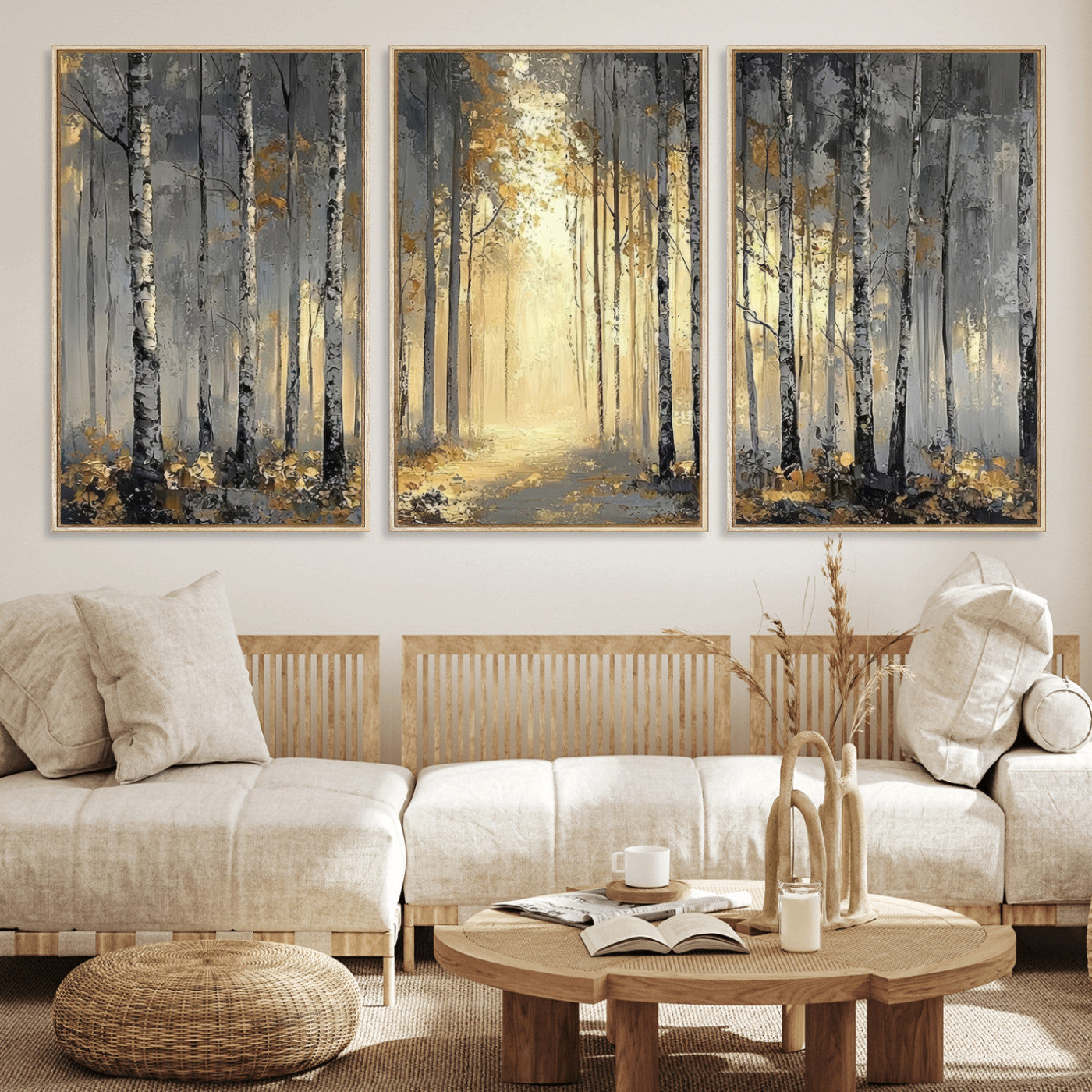 41017042-MGV-CV-36X24 - Abstract Birch Forest Wall Art Canvas Print – Modern Neutral Woodland Landscape Artwork for Living Room Decor