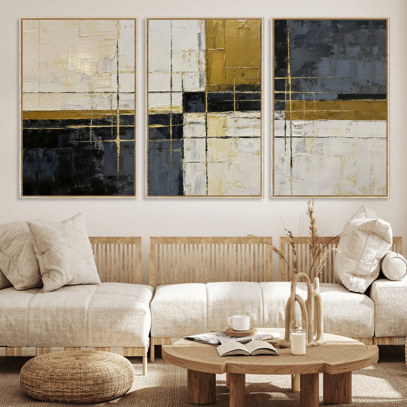 36097945-MGV-CV-36X24 - Abstract Gold and Black Wall Art Canvas Print – Modern Geometric Neutral Artwork for Living Room Decor