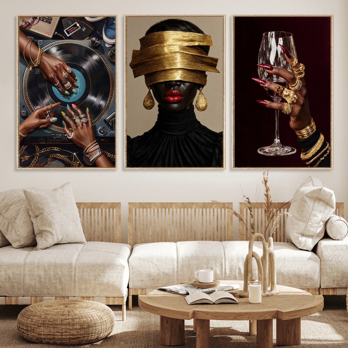 8151788S6-MGV-CV-60X30-3P - Luxury Fashion Wall Art Canvas Print Set of 3, Gold Jewelry Portrait Triptych, Glam Black Woman Modern Artwork
