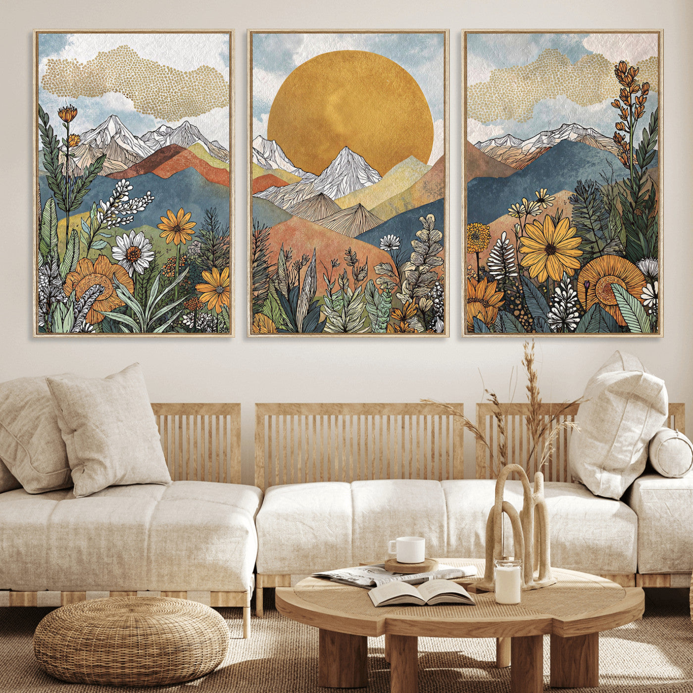 17540863-MGV-CV-36X24 - Boho Mountain Landscape Large Wall Art, Horizontal Gold Framed Canvas Print with Sun and Flowers