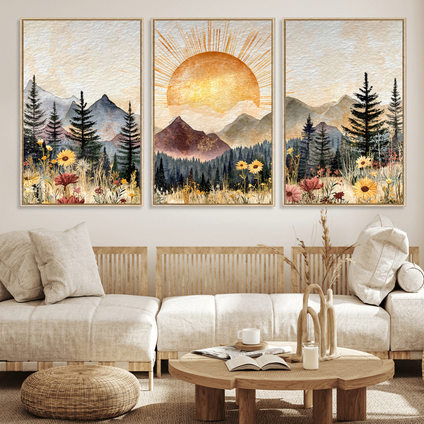 69025244-MGV-CV-36X24 - Boho Mountain Landscape Large Wall Art, Horizontal Gold Framed Canvas Print with Sun and Flowers