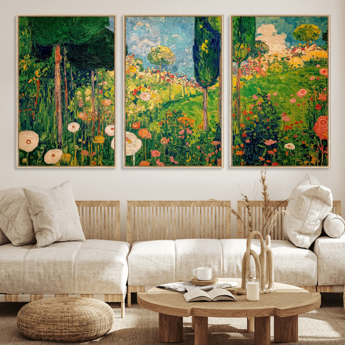 83517974-MGV-CV-36X24 - Gustav Klimt Boho Mountain Landscape Large Wall Art, Horizontal Gold Framed Canvas Print with Sun and Flowers