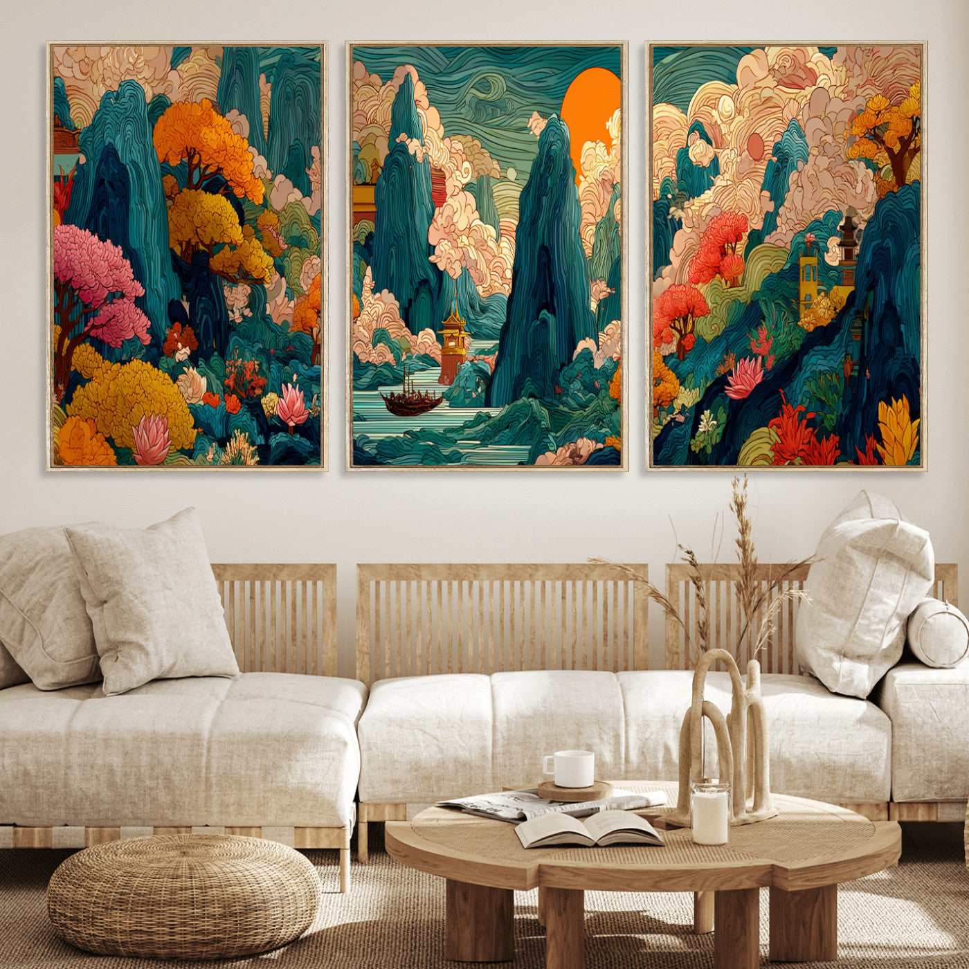 90422518-MGV-CV-48X32-3P - Colorful Japanese Landscape Print: Maximalist Panoramic Wall Art
