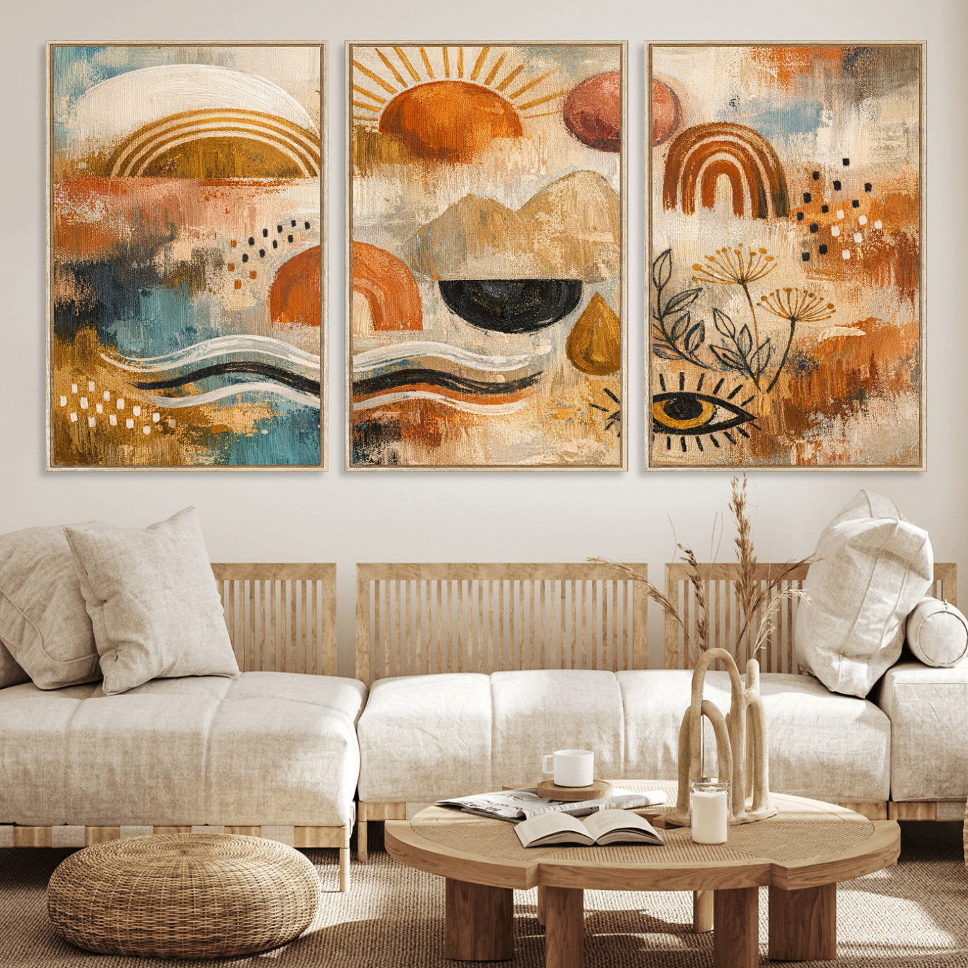 52155239-MGV-CV-36X24 - Geometric Boho Abstract Wall Art Canvas Print, Orange Blue Abstract Expressionist Painting Print, Modern Geometric Abstract Canvas Art