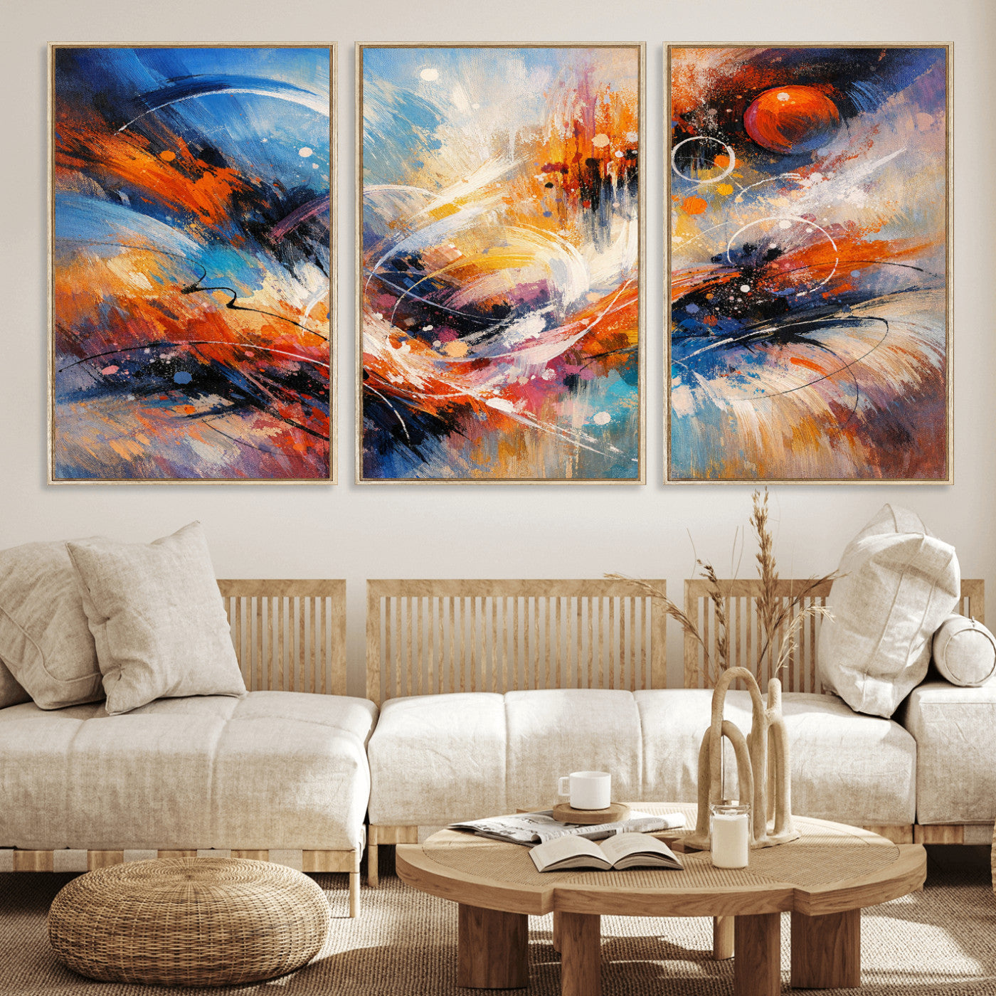 47770355-MGV-CV-36X24 - Geometric Abstract Wall Art Canvas Print, Orange Blue Abstract Expressionist Painting Print, Modern Geometric Abstract Canvas Art