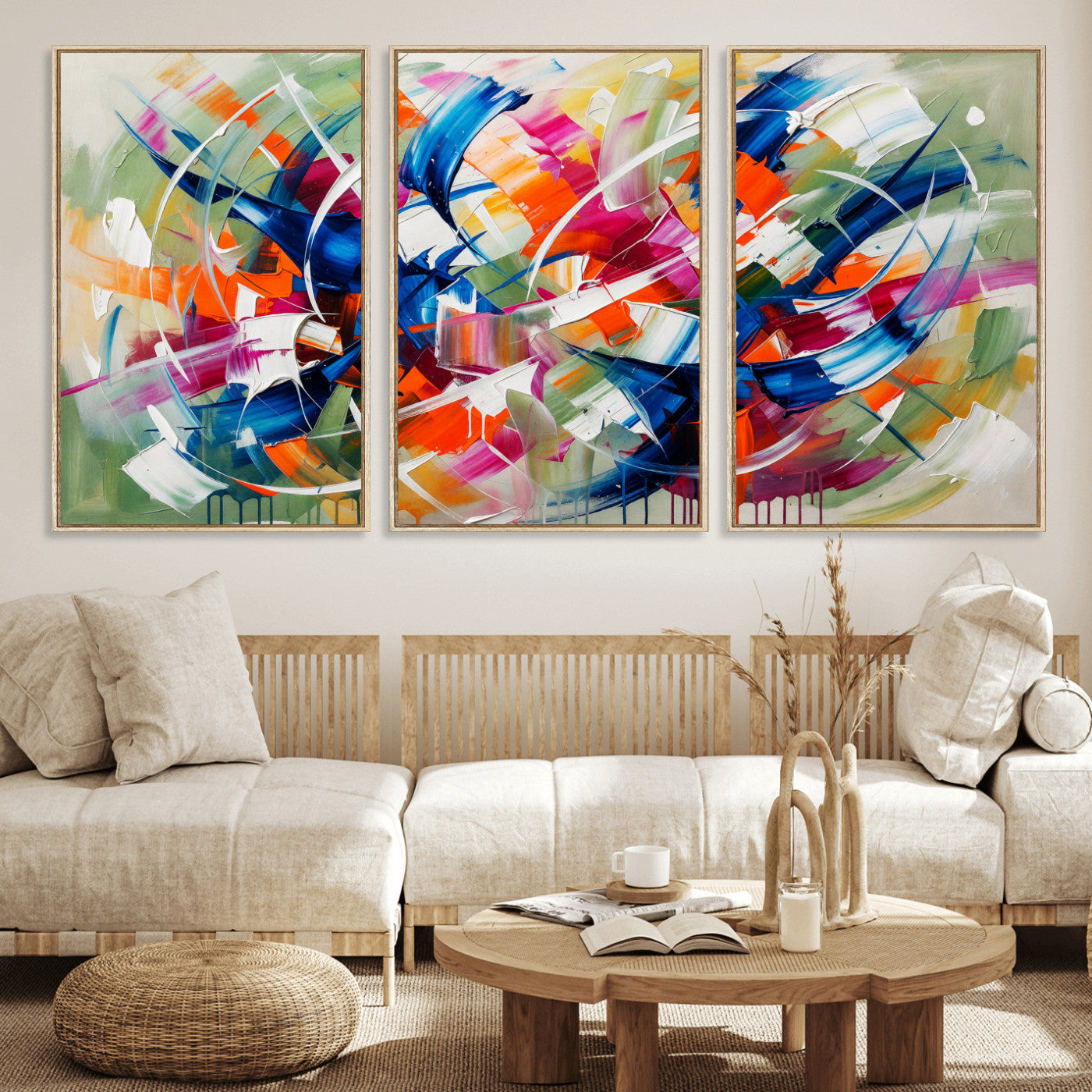 15032888-MGV-CV-36X24 - Geometric Abstract Wall Art Canvas Print, Orange Blue Abstract Expressionist Painting Print, Modern Geometric Abstract Canvas Art