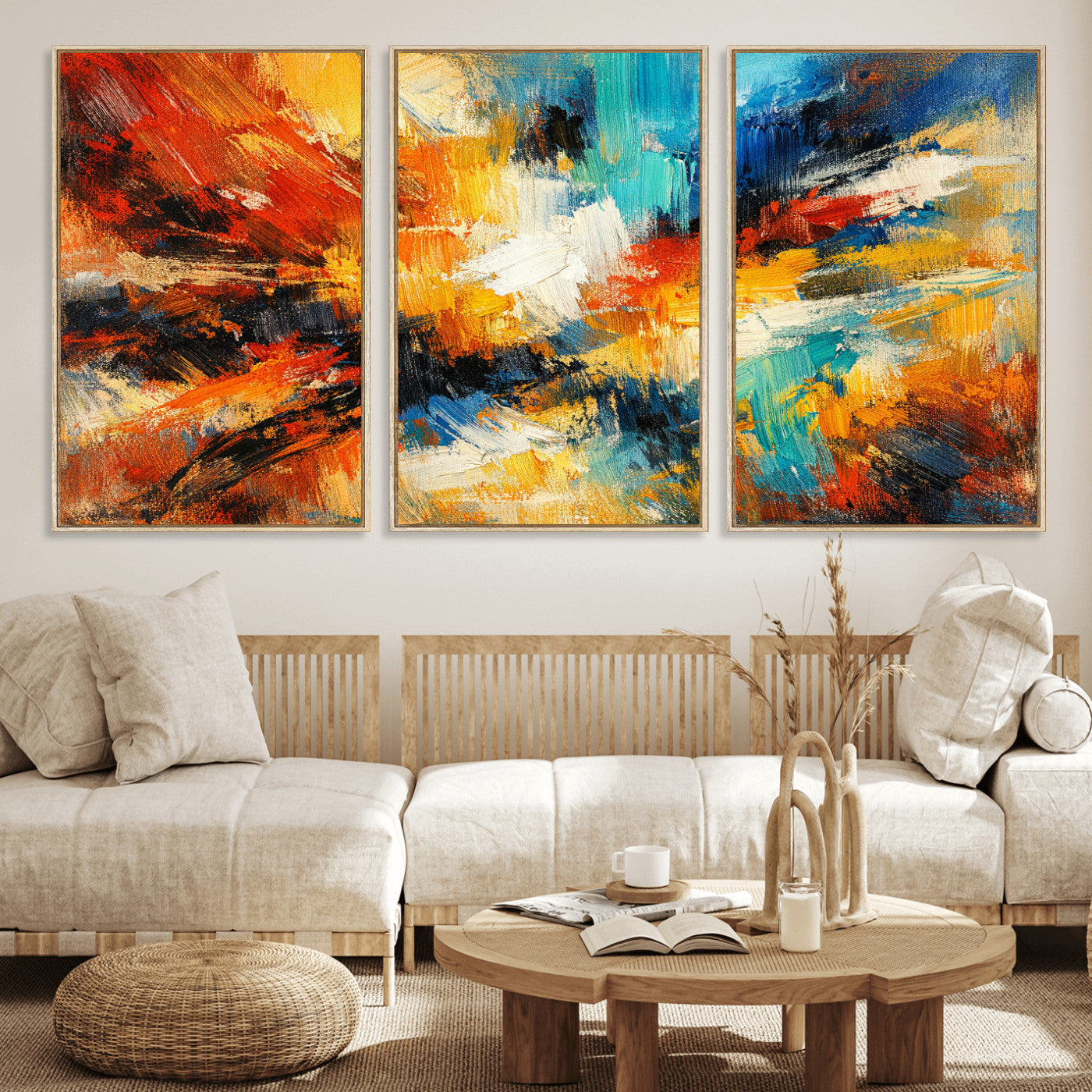93167583-MGV-CV-36X24 - Geometric Abstract Wall Art Canvas Print, Orange Blue Abstract Expressionist Painting Print, Modern Geometric Abstract Canvas Art