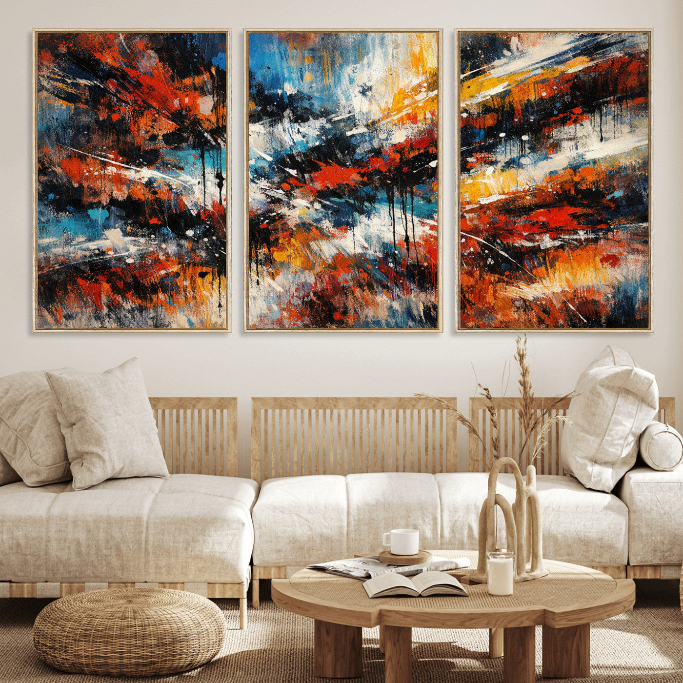 80276069-MGV-CV-36X24 - Geometric Abstract Wall Art Canvas Print, Orange Blue Abstract Expressionist Painting Print, Modern Geometric Abstract Canvas Art