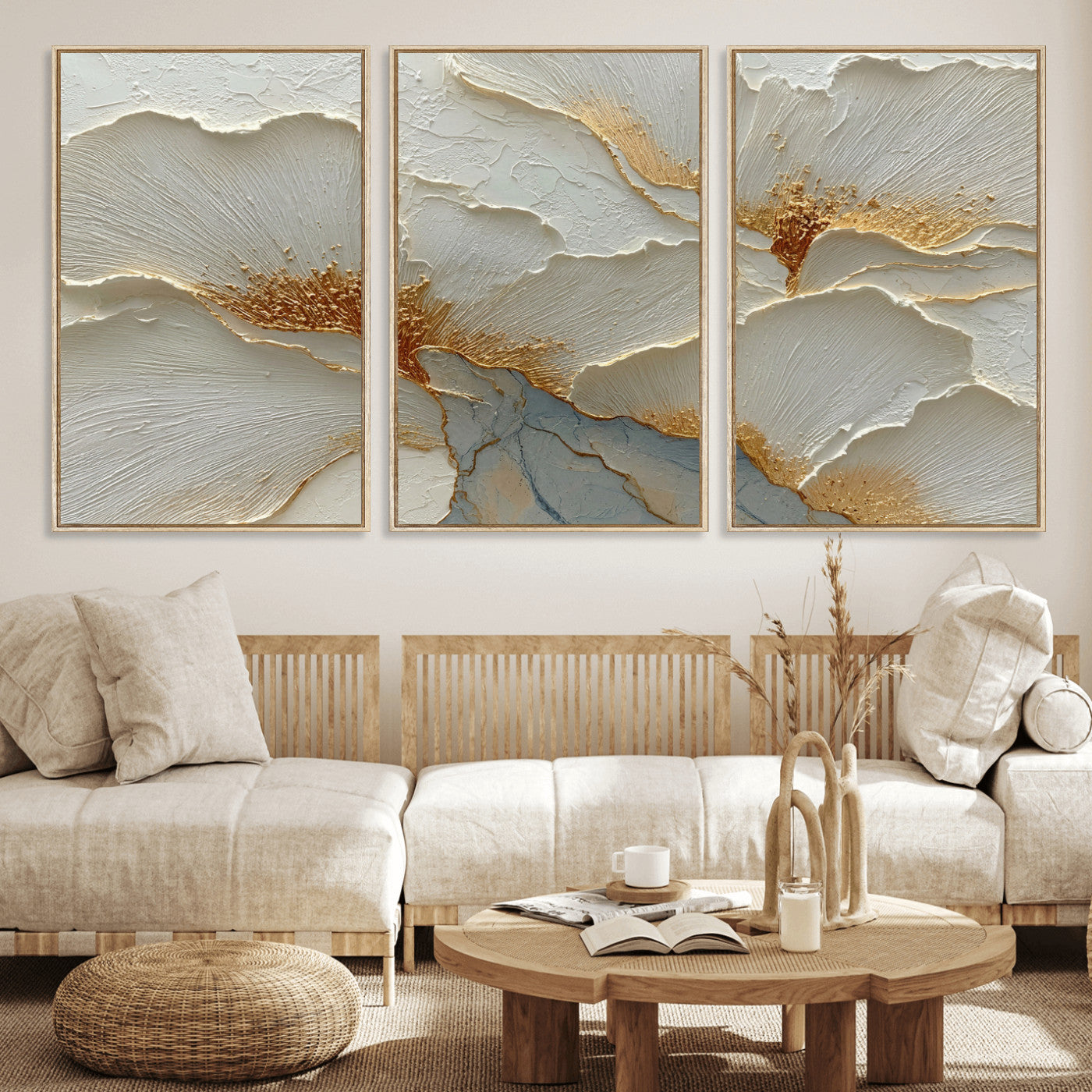 4712069F1-MGV-CV-36X24 - White Gold Floral Canvas Wall Art — Textured Flower Print | Luxury Botanical Decor | Elegant Bedroom Art | Gold Leaf Wall Art Gift