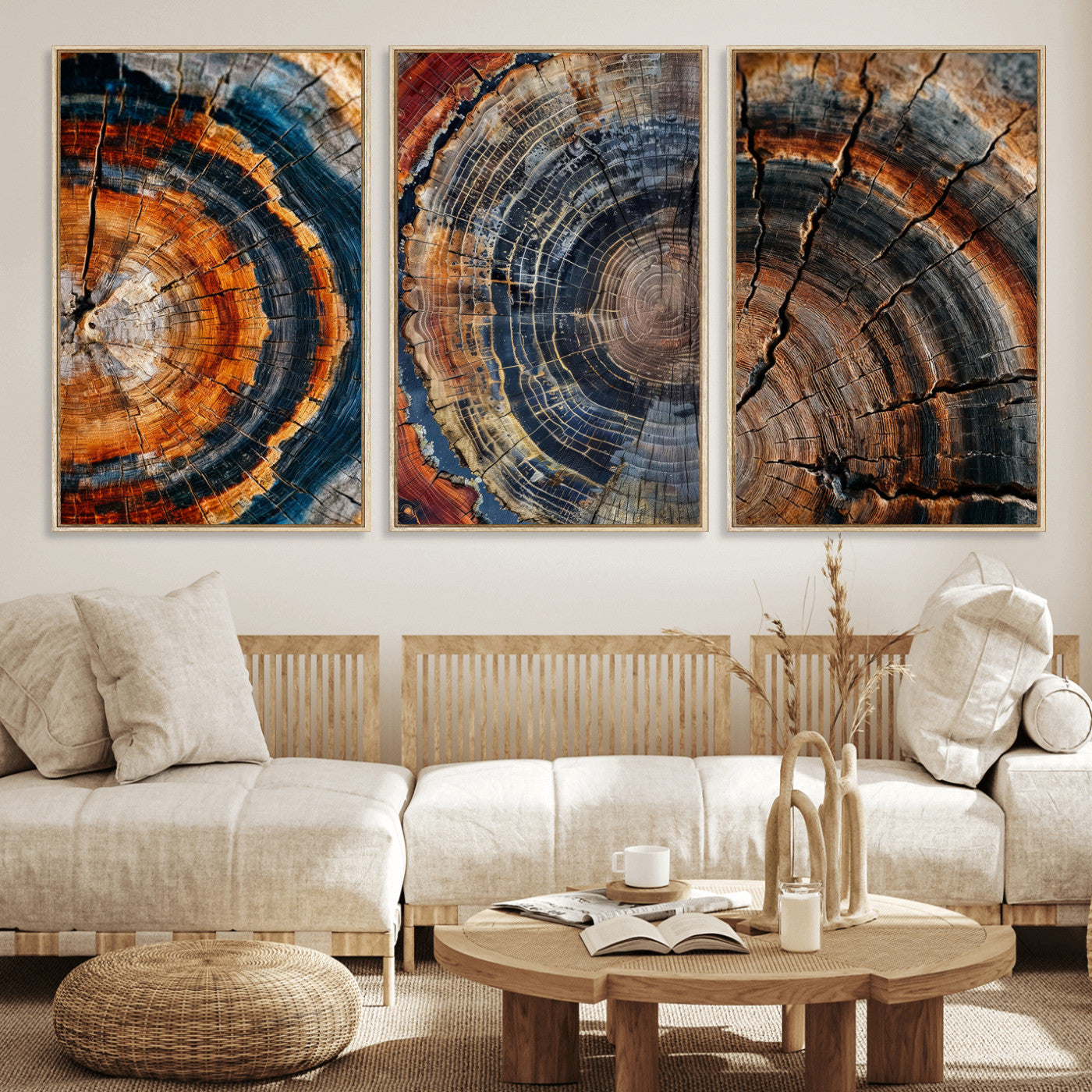 4712069W1-MGV-CV-48X32-3P - Tree Ring Triptych Canvas Wall Art — Set of 3 Wood Grain Print | Rustic Nature Decor | Earth Tone Wall Art | Unique Living Room Art Gift