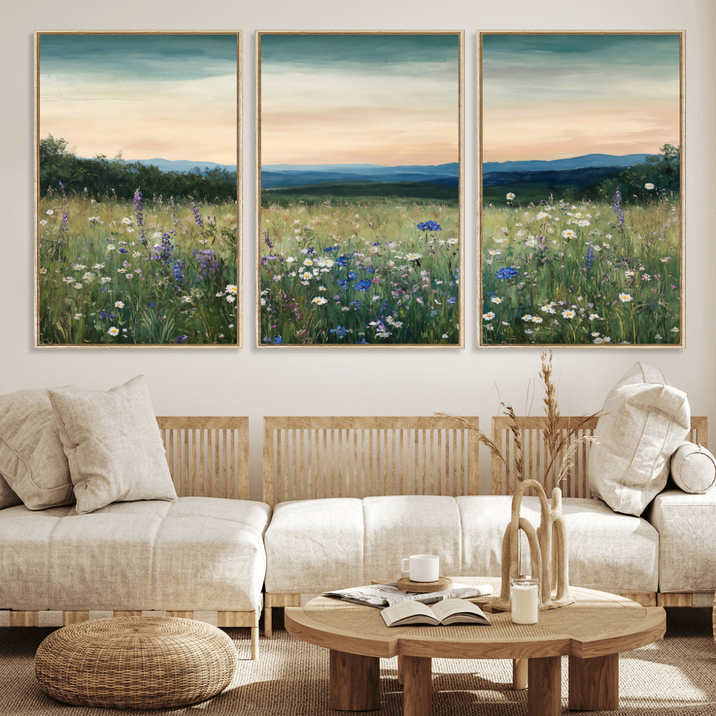 35773805-MGV-CV-36X24 - Wildflower Meadow Oil Painting Canvas — Daisy Lavender Mountain Sunset Print | Cottagecore Floral Wall Art | Bedroom Decor Gift for Her